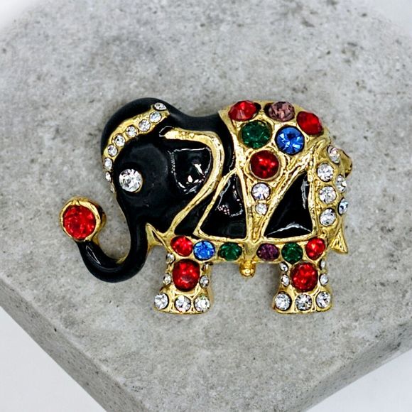 Vintage Jeweled Elephant Brooch Black Enamel Indian Asian Gold Tone Jewelry Pin - Picture 1 of 10